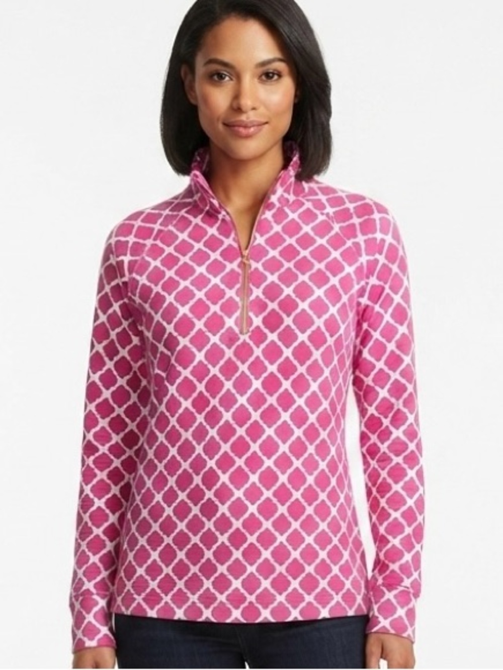 Pappagallo Hot Pink Geometric Quarter Zip Pullover Long Sleeve Size Small